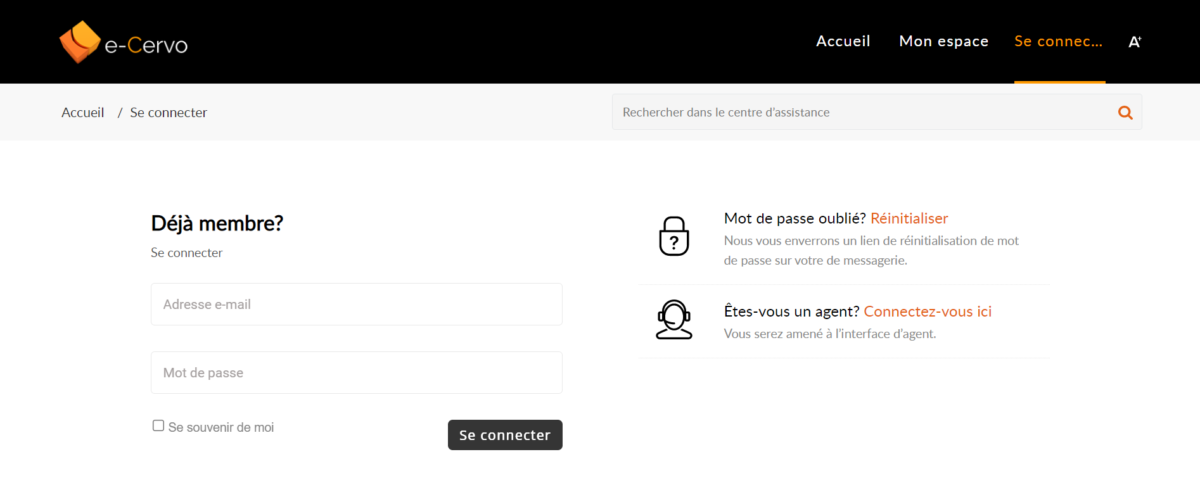 Page de connexion service d'assistance en ligne